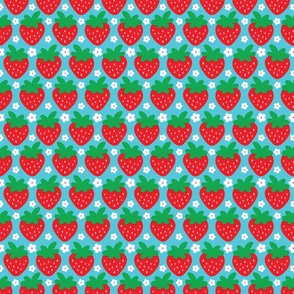 strawberries and flowers half drop on blue medium