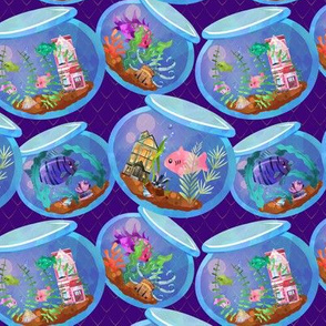 Whimsical bowls of fish on blue scale background