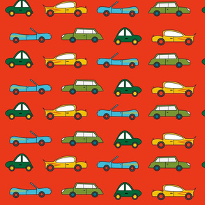 Red Fabric with Multicoloured Cars Design