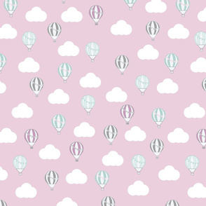Pink Fabric with Multicoloured Hot Air Balloons and Clouds