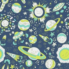 Hand drawn space pattern with Planets and spaceships