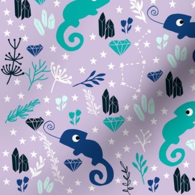 Cute Chameleon Pattern on Purple Background