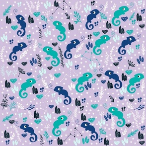 Cute Chameleon Pattern on Purple Background