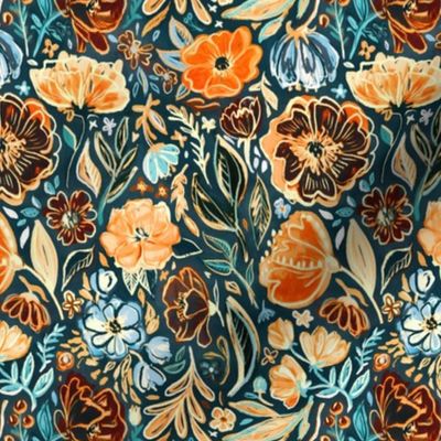 Messy Vivid Floral in Orange and Blue