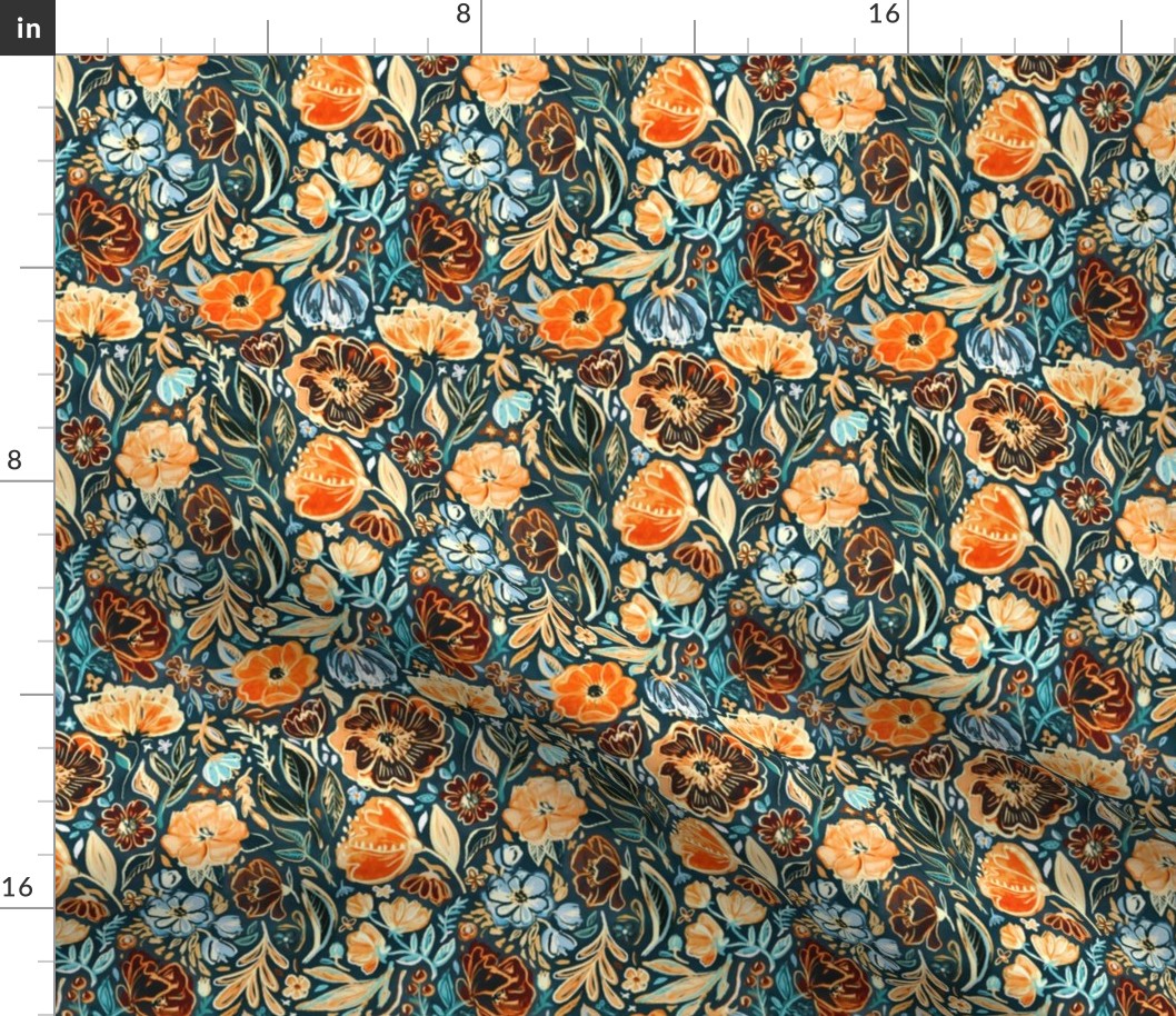 Messy Vivid Floral in Orange and Blue