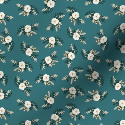 White Florals On Teal Blue Small