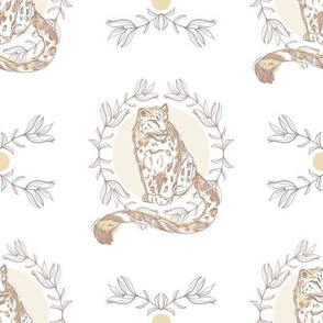  Snow Leopard with Leaf Wreath in Soft Colors seamless pattern background.
