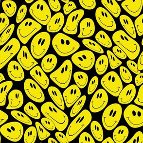 Trippy smiley face fabric - 90s retro gen z melting fabric - Black yellow