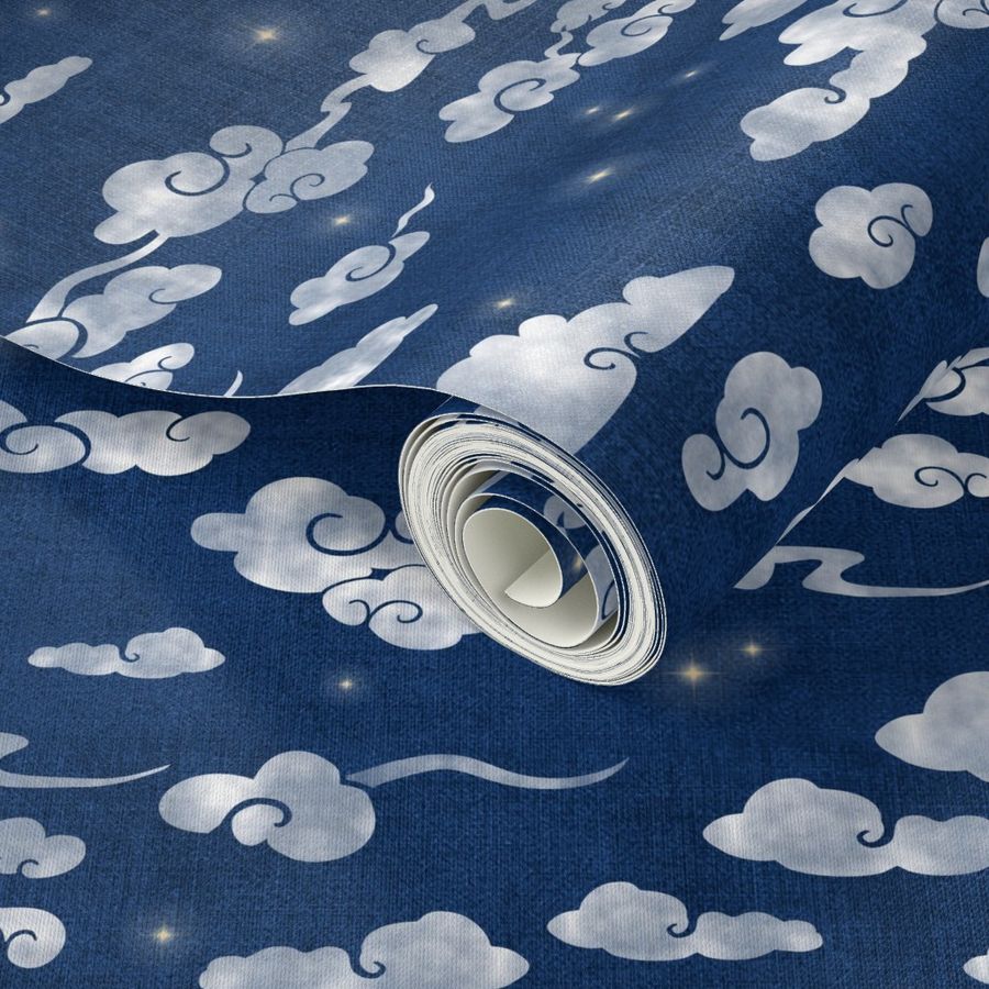 Night Sky with Clouds and Stars (large scale) | Indigo blue and white cloud fabric, starry sky, eastern clouds for good fortune, Japanese clouds print, night fabric.