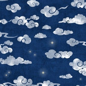 Night Sky with Clouds and Stars (large scale) | Indigo blue and white cloud fabric, starry sky, eastern clouds for good fortune, Japanese clouds print, night fabric.