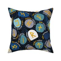 Mystical Viking Runes // normal scale // black background blue grey and teal stones golden letters of the runic alphabet