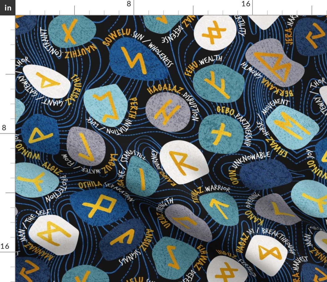 Mystical Viking Runes // normal scale // black background blue grey and teal stones golden letters of the runic alphabet