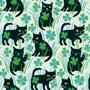 large scale lucky black cats in four leaf clover/ aqua green black