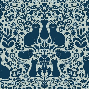 Black Cat Damask - Navy Blue + Seafoam Green