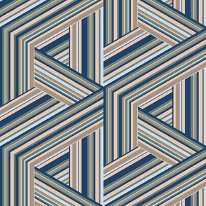Retro pinstripes 3D isometric frames greige blue Wallpaper Fabric