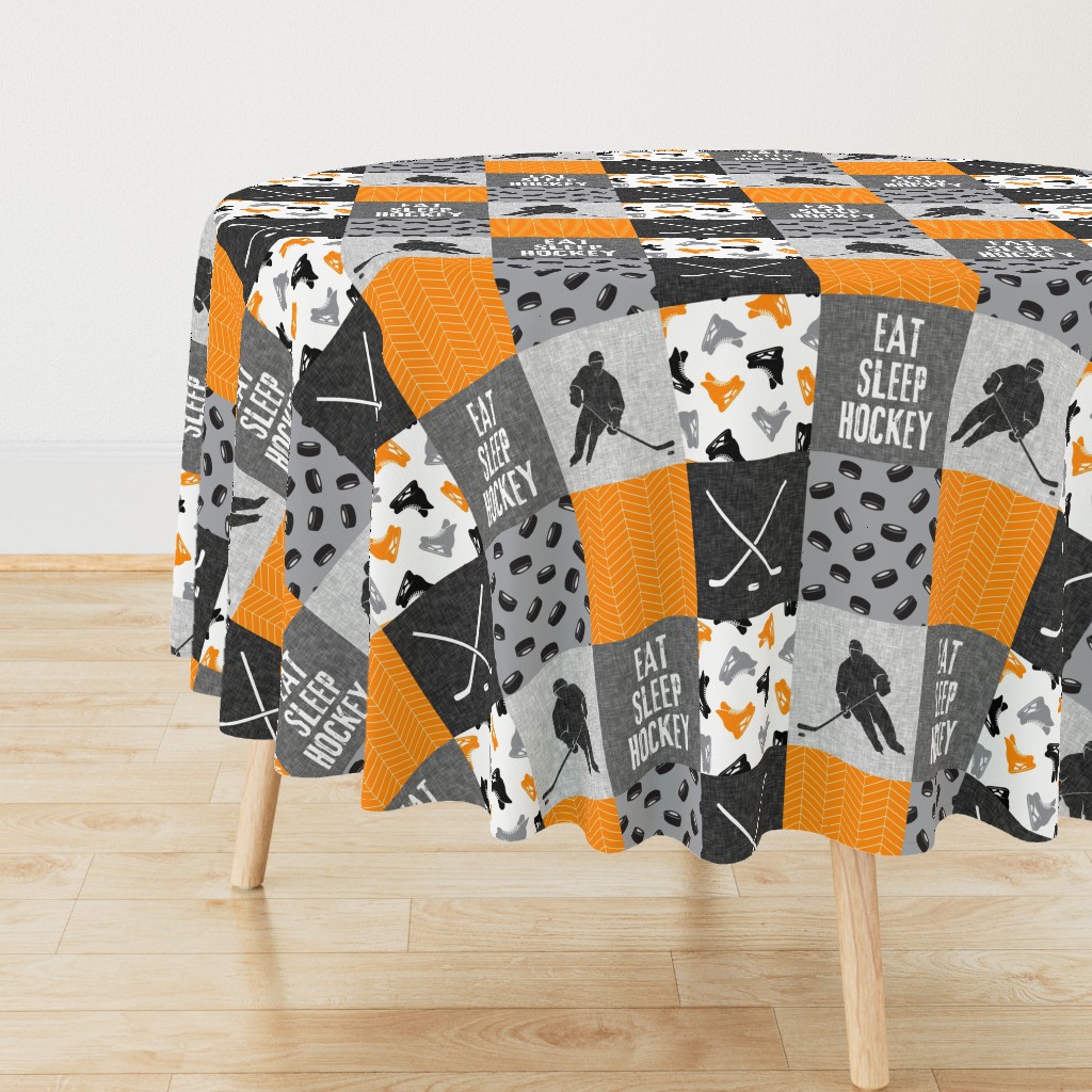 Eat Sleep Hockey - Ice Hockey Patchwork - Wholecloth orange &  grey - C21