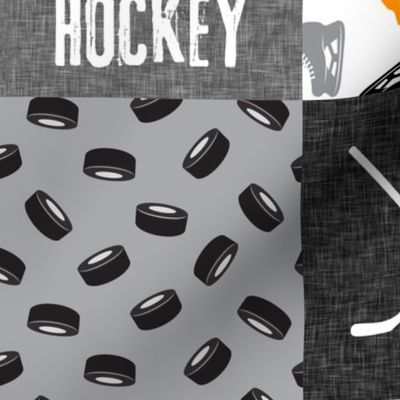 Eat Sleep Hockey - Ice Hockey Patchwork - Wholecloth orange &  grey - C21