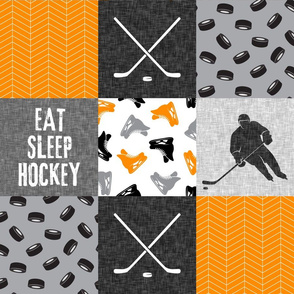 Eat Sleep Hockey - Ice Hockey Patchwork - Wholecloth orange &  grey - C21