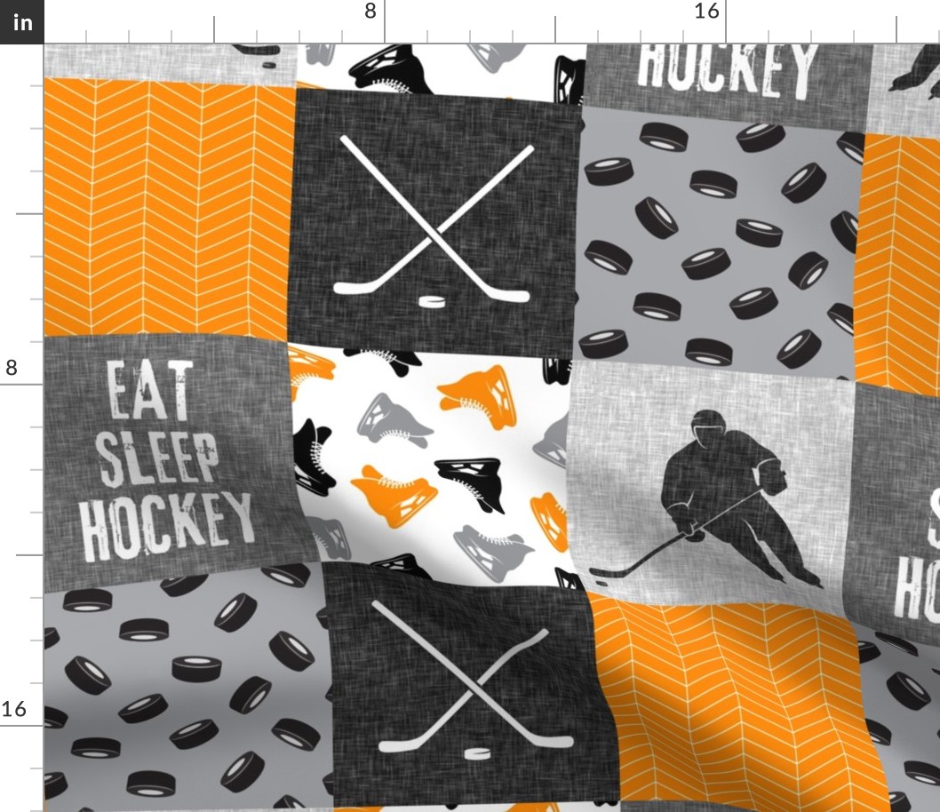 Eat Sleep Hockey - Ice Hockey Patchwork - Wholecloth orange &  grey - C21