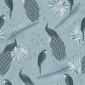tropical birds in blue grey