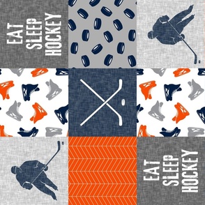 Eat Sleep Hockey - Ice Hockey Patchwork - Hockey Nursery - Wholecloth orange navy and grey V2 -C21 (90) 