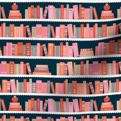 Little librarian - Back to school book shelf abc books and reading kids kindergarten illustration pink orange girls on charcoal