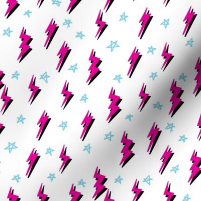 Ziggy bolt fabric - zigzags, lightening bolt rocker, stars - Pink black blue