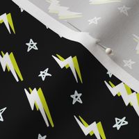 Ziggy bolt fabric - zigzags, lightening bolt rocker, stars - Black and yellow 