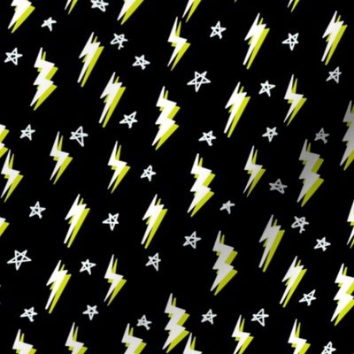 Ziggy bolt fabric - zigzags, lightening bolt rocker, stars - Black and yellow 
