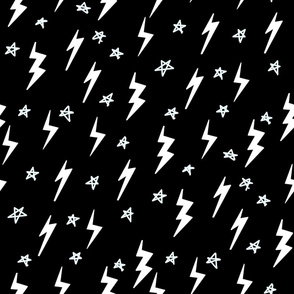 Ziggy bolt fabric - zigzags, lightening bolt rocker, stars - Bw