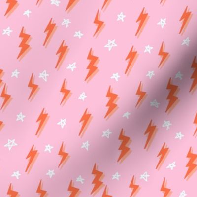 Ziggy bolt fabric - zigzags, lightening bolt rocker, stars - Pink orange