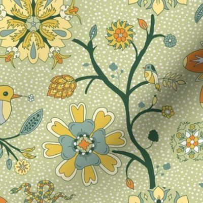 Trailing indian floral chintz with birds on green | medium
