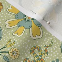 Trailing indian floral chintz with birds on green | medium