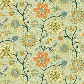 Trailing indian floral chintz with birds on green | medium