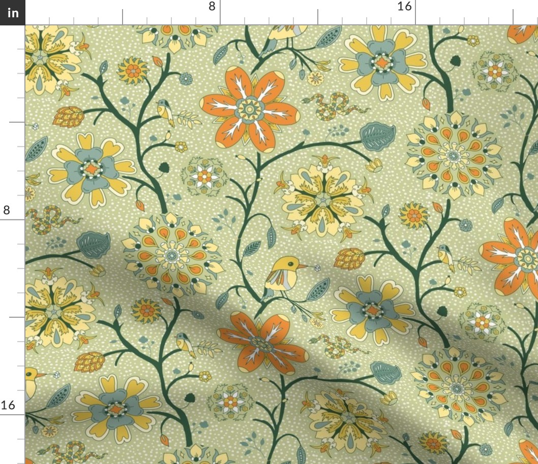 Trailing indian floral chintz with birds on green | medium