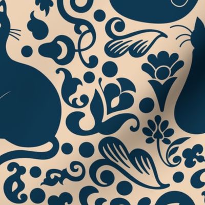 Damask Black Cats - Navy Blue + Natural