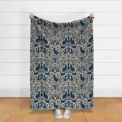 Damask Black Cats - Navy Blue + Natural