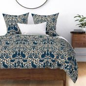 Damask Black Cats - Navy Blue + Natural