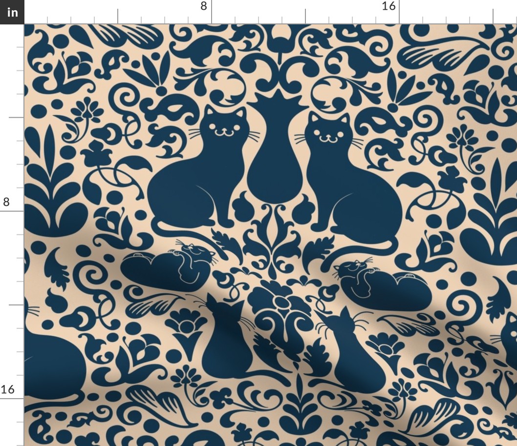 Damask Black Cats - Navy Blue + Natural