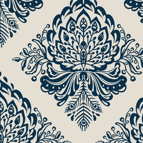 Peacock Damask Blue/Beige