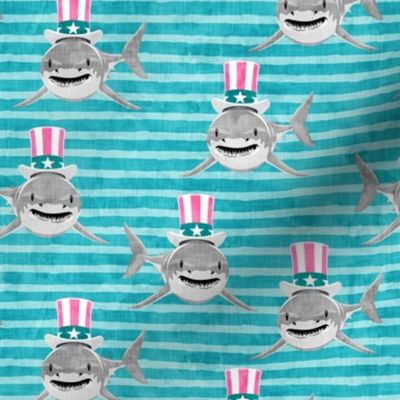 patriotic sharks - red white and blue - Stars and Stripes - teal  - LAD21