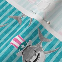 patriotic sharks - red white and blue - Stars and Stripes - teal  - LAD21