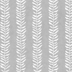 Botanical Block Print on Gray | Leaf pattern fabric from original block print, plant fabric, white on soft gray.
