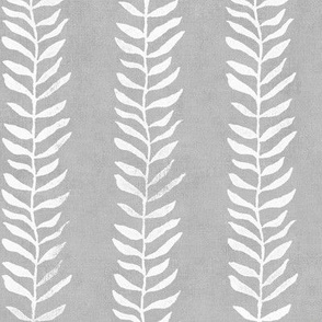 Botanical Block Print on Gray (large scale) | Leaf pattern fabric from original block print, plant fabric, white on soft gray.