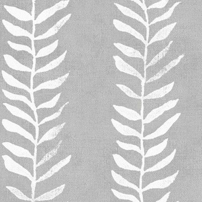 Botanical Block Print on Gray (xl scale) | Leaf pattern fabric from original block print, plant fabric, white on soft gray.