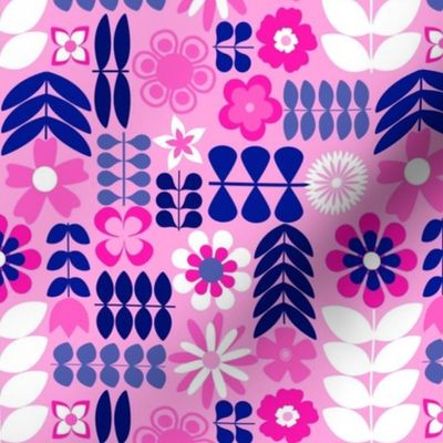 Scandinavian Flowers - Medium Scale Bubblegum Pink and Blue