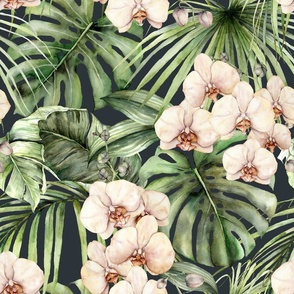 Watercolor orchids flowers and tropical leaves. Jungle floral plants, banana and monstera leaves