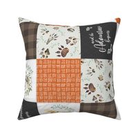 Woodland Animal Tracks Quilt Top – Brown + Orange Patchwork Cheater Quilt, Style O, rotated