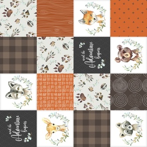 Woodland Animal Tracks Quilt Top – Brown + Orange Patchwork Cheater Quilt, Style O, rotated