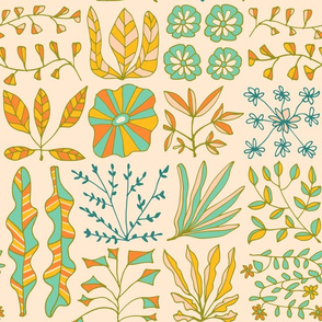 Doodle Hand-Drawn Flowers Leaves Herbs in Retro Colours Turquoise Yellow Orange Cream Green Blue - UnBlink Studio by Jackie Tahara